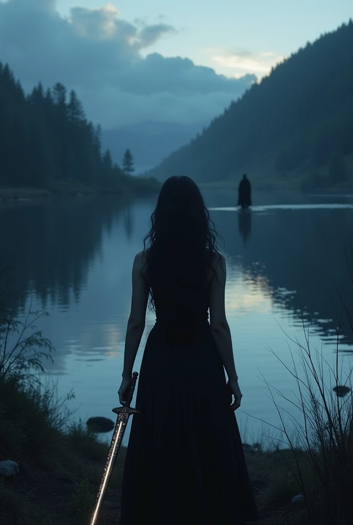 Create an image of a black lake in the evening with a girl with long black hair from her back, a sword and a black soldier far from her, in the lake