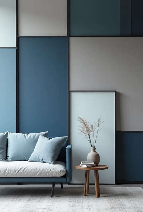 Blue  , gray and black wall design for living room