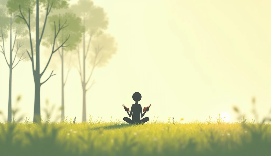 "A stick figure sitting cross-legged in a field, holding a book, minimalist trees and soft sunlight in the background."