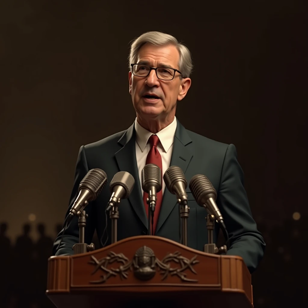 A politician middle-aged man is talking on a podium with a bunch of microphones. vintage 