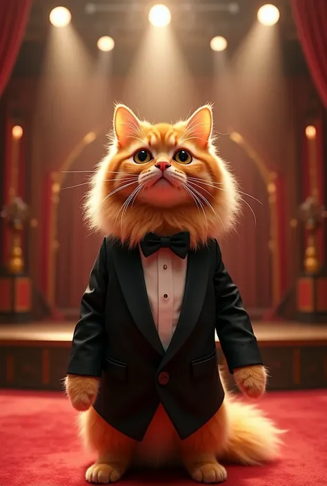 a fluffy orange cat on "Cat's got talent" stage, face to the camera, wearing a black tuxedo. angle from afar, with a complete view of the stage