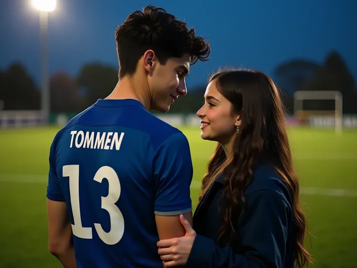 Tall, athletic, irish men, black-haired boy who has just won a rugby match. The boy is dressed in the team's kit. The team's shirt is blue and has a white number thirteen and the name Tommen on it. The boy feels uncomfortable but is smiling and is standing...