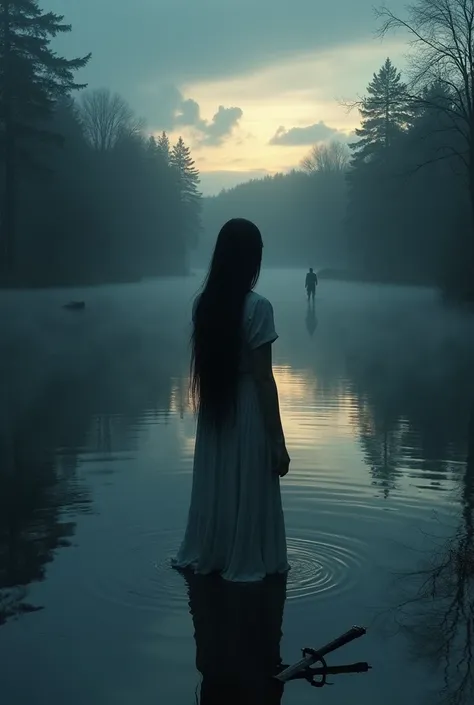 Create an image of a dark lake in the evening with a girl from her back in it with black long hair, a sword near her and a soldier far from her, in the lake too