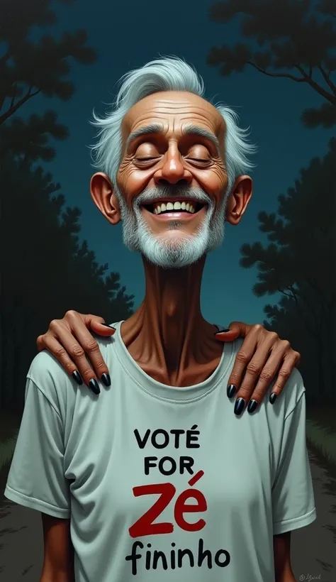 an artistic painting, an illustration, of the close-up face of a man, thin, old, white hair and beard, wearing a white shirt with the words "vote for zé fininho" smiling with his eyes closed, with two black hands with long black nails on his shoulders, on ...