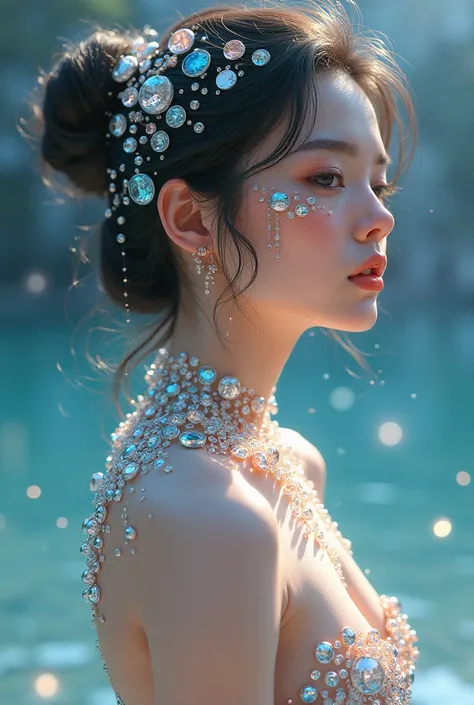 beautiful naked woman covered in sparkling gemstones, Manga style