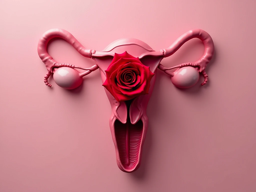 Create an image of the female uterus complete uterus and fallopian tubes in the color pink, Instead of the image of the horns add a red rose. in the center of the uterus there is an image of a red rose