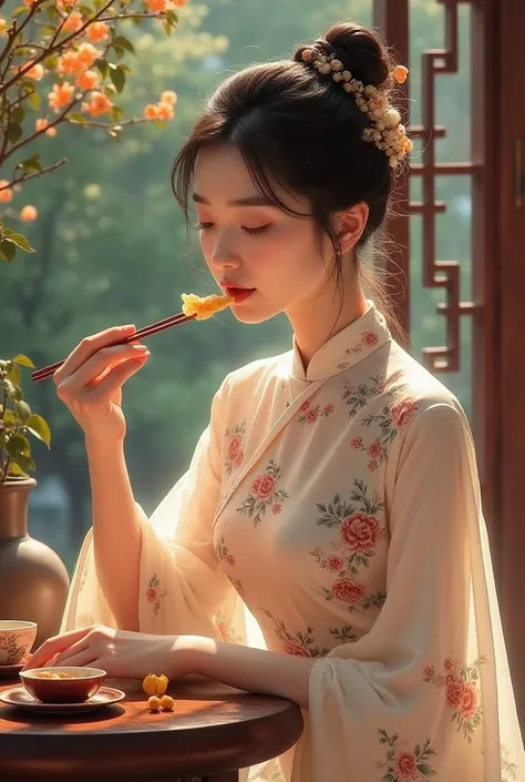 An image of a woman eating a Chinese delicacy