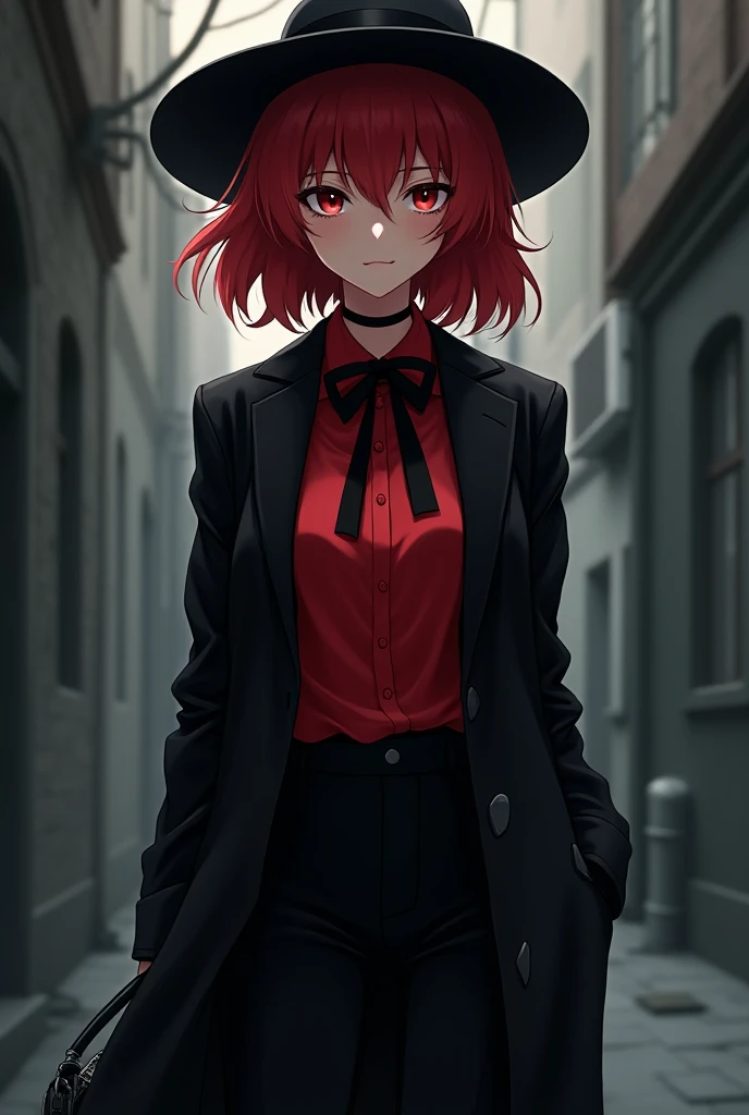 An anime render style ,  where she is dressed in a black trench coat ,red blouse , black pants t-shirt,  a thin black bow , Black Hat Sweater 