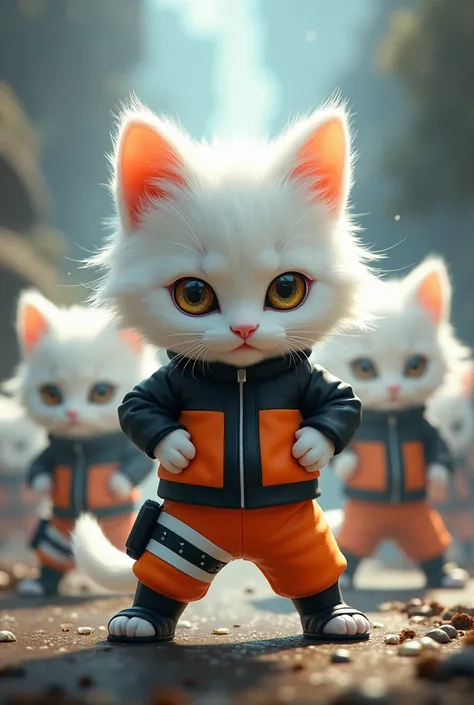 Cute big-headed white kitten dressed as Naruto、Multiple Shadow Clones、Rasengan Pose、Dynamic composition、Impressive screen、cool composition、Realistic、Put your fists on your hips、Naruto&#39;s Headband