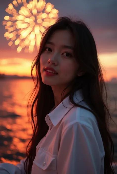 Calaf girl with long hair and white shirt on a boat, [ fireworks in the sky ]!!, Larisa Manovar, Blackpink's Larisa Manovan , fireworks in the background, firework, fireworks,  8000 yen photo, fireball lighting her face, fireworks in background, Ulzzang, 8...