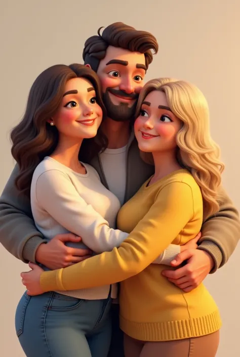 Create an image with 3 people hugging each other a slightly chubby blonde woman a man with brown hair a little chubby a little chubby a brunette woman