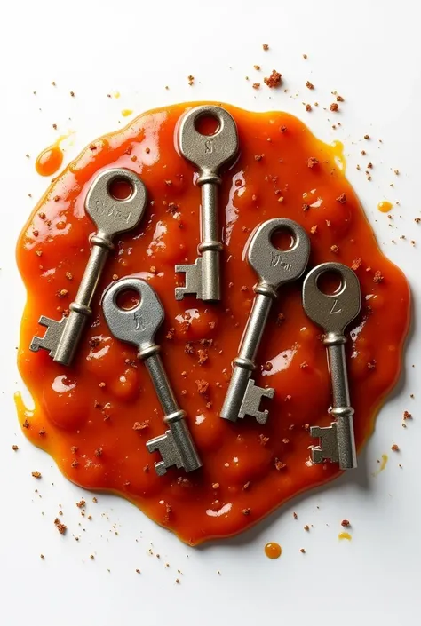 Make a realistic image of A SAUCE WITH 5 MEDIUM KEYS IN IT