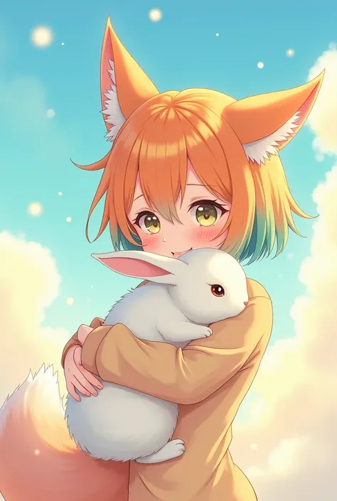 anime girl with short hair and Orange, sky blue, green and yellow color and fox ears hugging a bunny