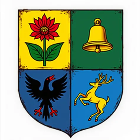  Create a picture of a coat of arms that is divided into four segments . The coat of arms should have the shape of a shield .  In the upper left corner should a flower with red leaves and green stem on a yellow background .  In the upper right corner there...