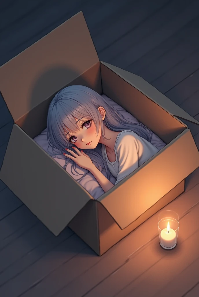 Anime manga girl lying inside a box top view possible whole candle lying down