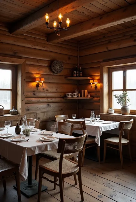  create an interior design for a restaurant in the old Russian style, something made of wood , like in huts , some attributes of Karelian life, create an interior design for a restaurant in the old Russian style in a square room 