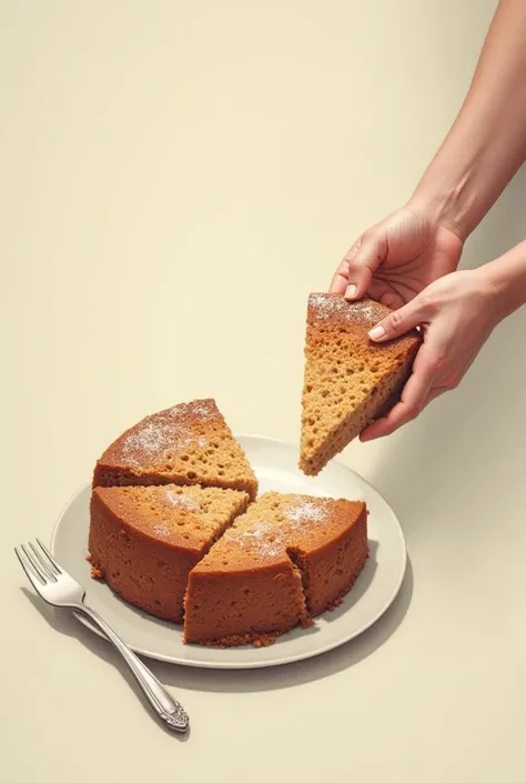 2 hands greedily grab two pieces of cake,  that was cut out of an entire cake. A piece has already been bitten. The cake is simple,   seen diagonally from above ,  blurred neutral background,  