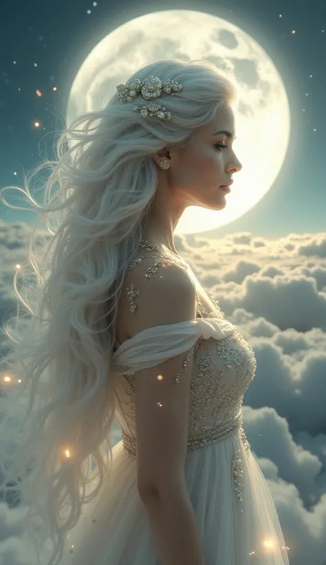 A breathtaking fusion of Selene, the Moon goddess, and Aphrodite, with luminous, silvery skin that glows like the moon. Her long, flowing hair shimmers in shades of pale silver and gold, capturing the light of the stars. Her eyes are deep and radiant, refl...