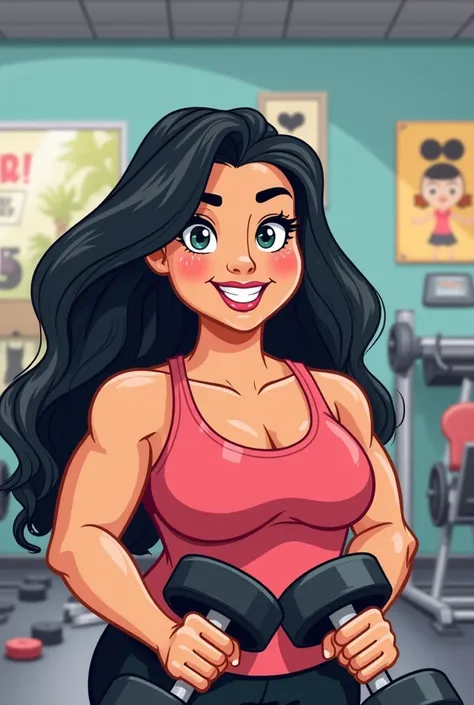 Create a cartoon image of a chubby woman with long black hair split in half training at the gym