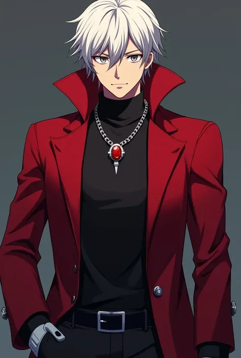 Create the anime-style image of an adult male with short pointed white hair , silver eyes , Red tip of the hair , silver necklace with a red gem , a large red trench coat with a padded black background , black sports pants  ,  white gauntlets with black to...