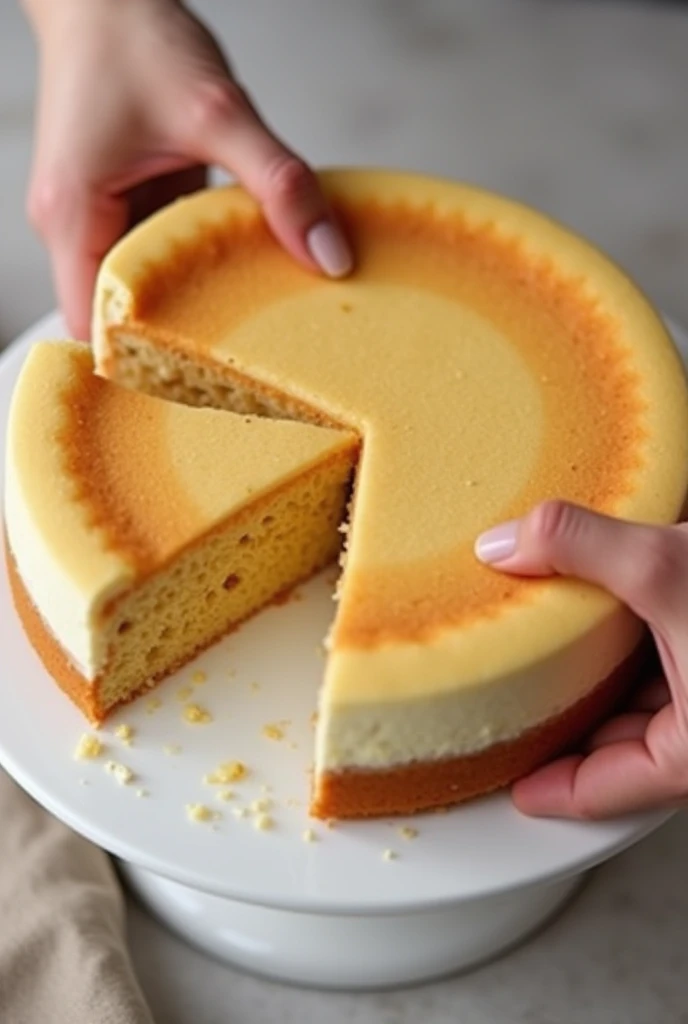  2 hands greedily grab two pieces of cake on the sides, that was cut out of an entire cake. A piece has already been bitten. The cake is simple,   seen diagonally from above ,  blurred neutral background,  