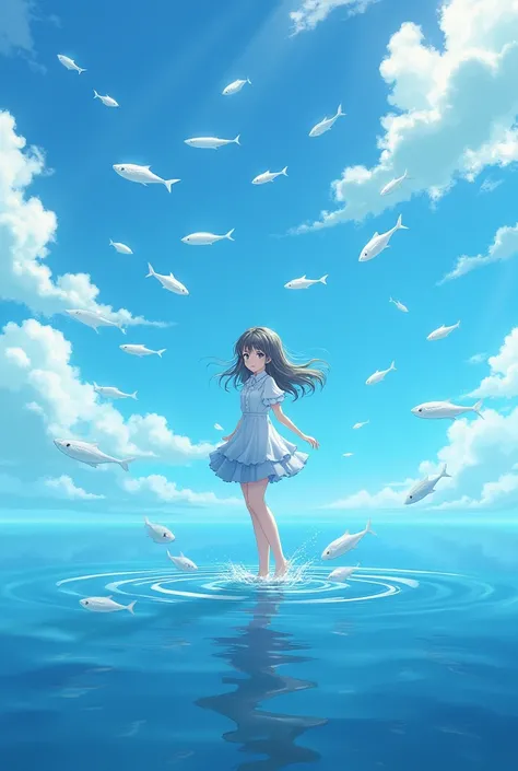  Japanese Anime Style、Girl standing in the middle of the sea、White fish surrounded by girls