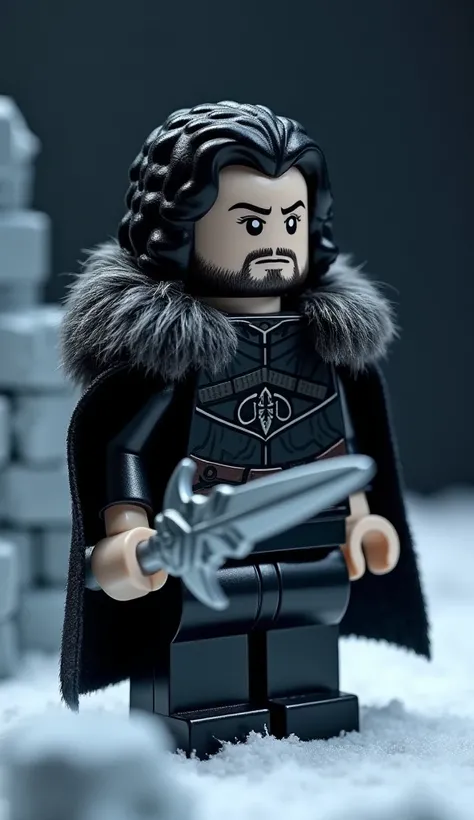  Create an image of a LEGO minifigure of Jon Snow , } inspired by his iconic appearance from the series Game of Thrones :

Jon Snow (LEGO Minifigure):  fair skin ,  long and disheveled black hair , with a short beard and a serious eye .  He wears a bulky b...