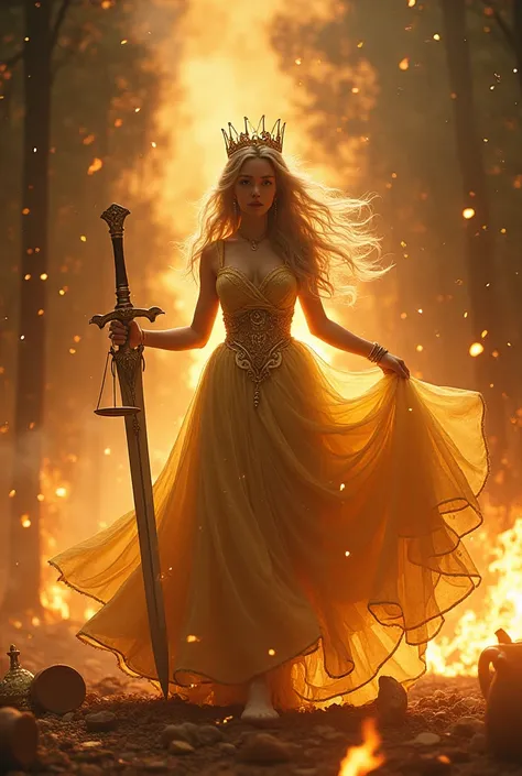 Alice with a crown, holding a sword and scales, bow, jug, shiny golden dress dancing with flames. Epic 4k full hs ultra high quality super realistic.