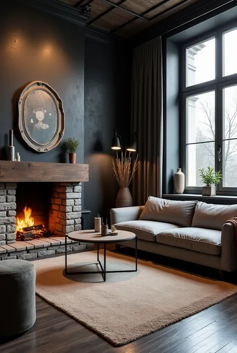 A room with 7 x 6, One of the walls is graffiti black, And the other one made of a window, with gray furniture and warm lights and a beige carpet on the dark wood floor and a burning stone and brick fireplace