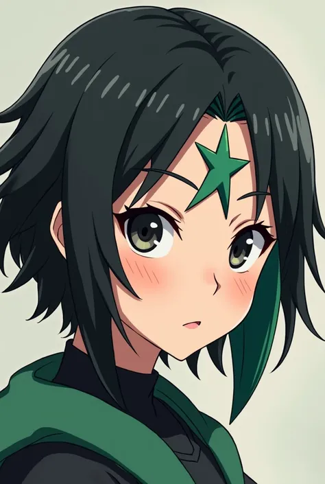 BRUNETTE girl with black hair and green highlights short and capable hair with a star on her forehead and black and dark eyes anime style DeNaruto Shippuden