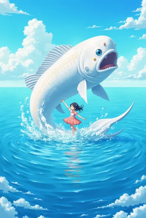  Japanese Anime Style、Girl standing in the middle of the sea、A big white fish surrounded by a girl、Girl playing with big white fish