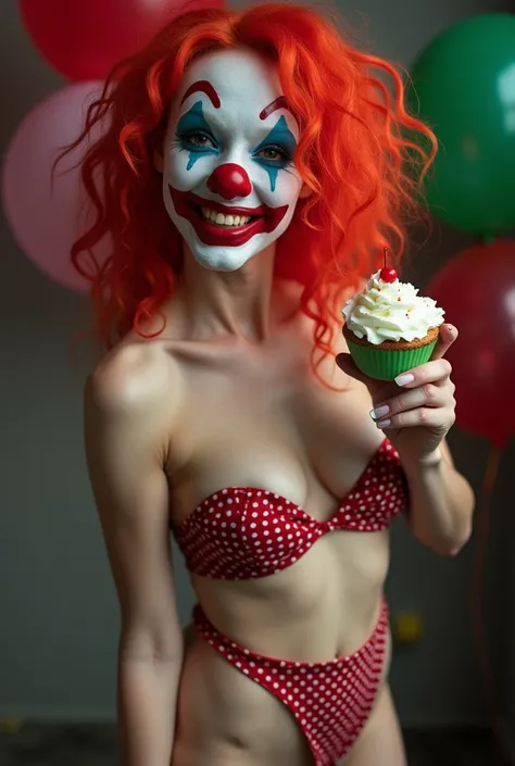 Show me a clown girl with naked boobs playing with a creampie