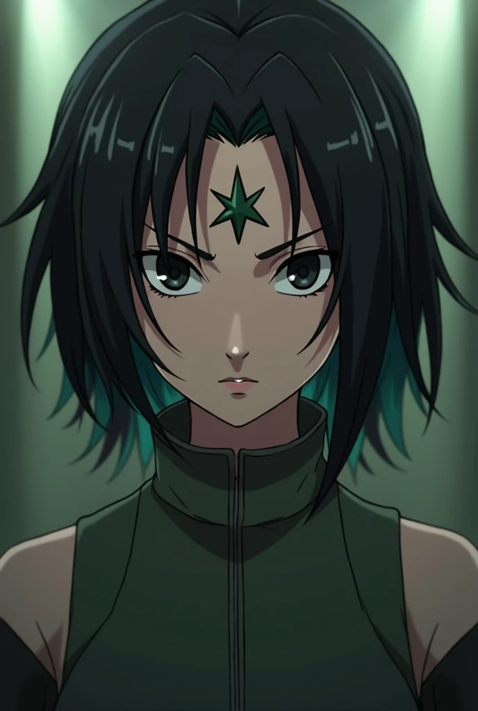 Serious and dangerous BRUNETTE girl with black hair and green highlights short and capable hair with a star on her forehead and small black eyes anime style DeNaruto Shippuden 