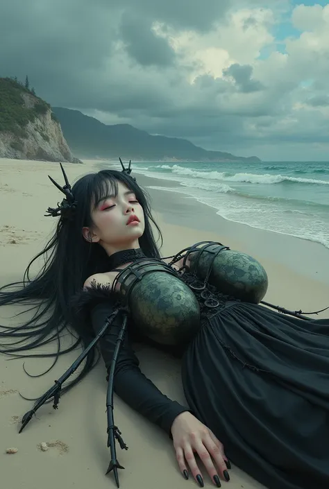 Anime goth girl with bug tits and she is on the beach and sleep 