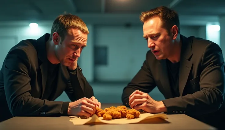 mark zuckerberg and elon musk weeping while eating fried chicken in a parking lot