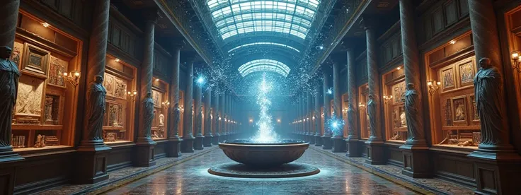 incredible, very detailed and luxurious room with the mythological appearance, statues, library and science elements in a museum where artifacts, molecules and mathematical equations can be seen in the air like spectacular holograms, photorealist hd.