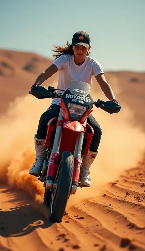  Create an image of Marvel driving a full equipped 2025 motocross behind him a very handsome woman wearing a black cap, white t-shirt, cabello negro, black pants white shoes .  Running around the Dakar 2025 that highlights the primary colors in 4k , full h...