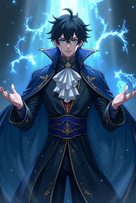 Draw a male magician use shadow power in anime style. He has black hair, blue ocean eyes and wear as a prince.