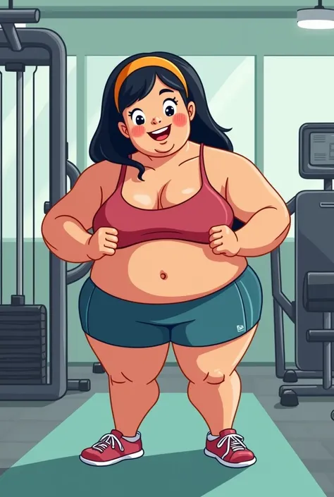 Create a cartoon image of a chubby white woman with little breasts and with long, straight black hair parted in half training at the gym