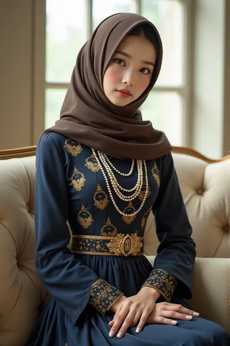 A young Korean woman wearing a hijab, pashmina hijab style, with a position slightly off to the left of the frame, is sitting.  He was in his late teens or early twenties. She has a dark brown hijab.  His expression is neutral and calm, with his lips sligh...