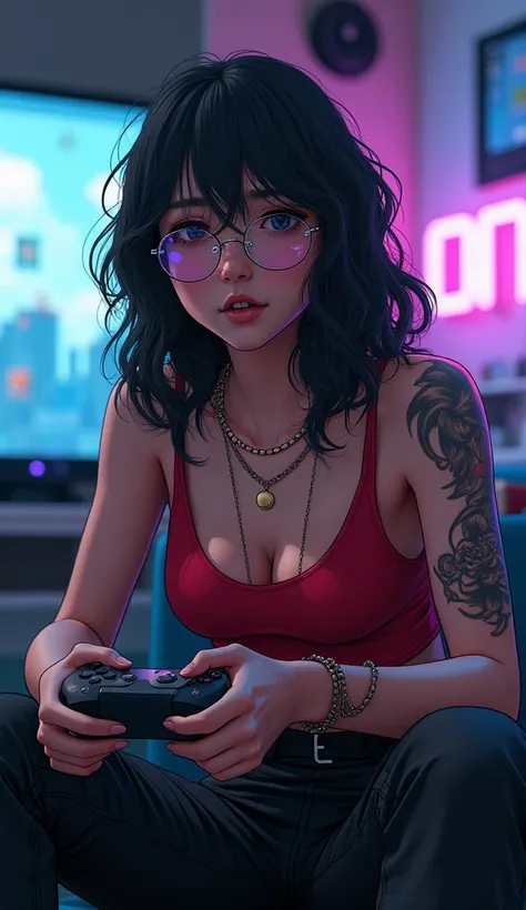 woman,  herself wearing glasses, Playing PS5, Wavy black hair logos,  full body costume,  red tank top and black cargo pants. Classic game tattoos.  Anime Gekiga 21st Century High Resolution