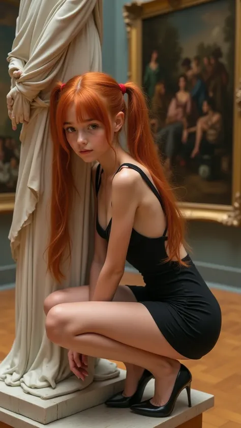 Twelve year old, extremely thin ager, red hair with two pigtails, tight mini dress with black straps, open neckline, very high heeled shoes. She is crouching and leaning on a famous statue, she is in an art museum with very famous paintings