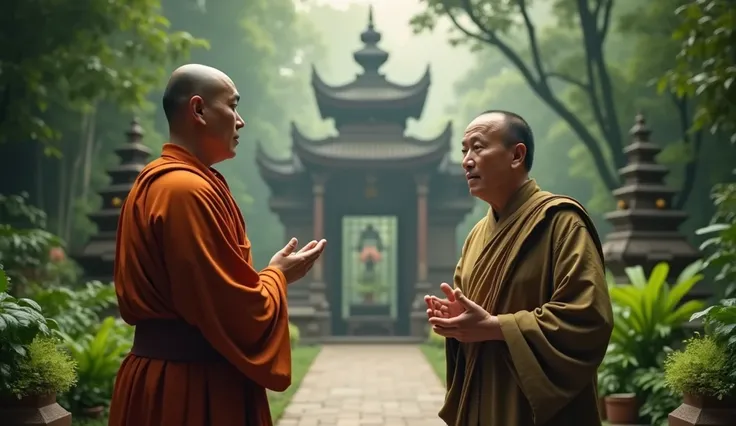 {
  "prompt": "A high-resolution image (16K) of a Thai millionaire standing in awe in front of a wise Asian monk, wearing traditional robes, in a mystical Vietnamese temple surrounded by lush nature. The monk, representing a Vietnamese Buddhist figure, is ...