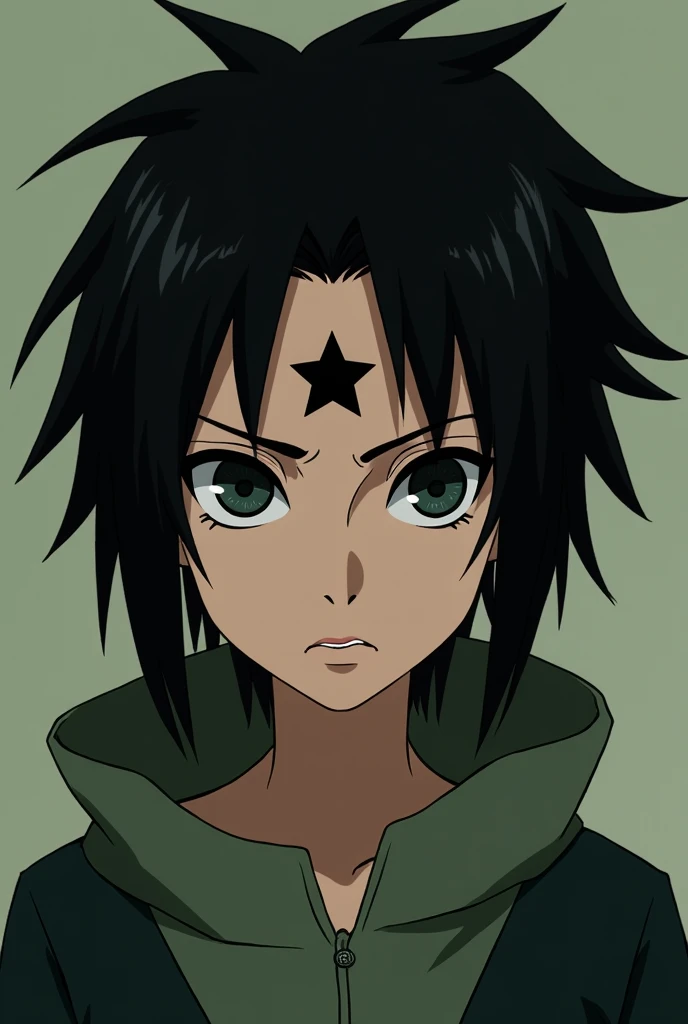 Girl with black skin short and messy BLACK hair with green highlights in her hair with black and dark eyes and small and torn with a black STAR on her forehead serious and powerful Naruto Shippuden style