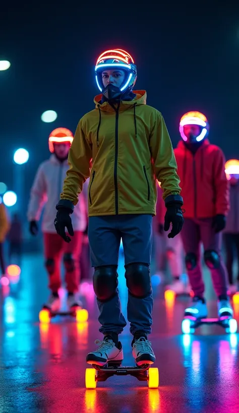 20 people aged 24, pretty-faced group , skating on the streets of the city ,  wearing colored sportswear,  bright luminous helmet and protections , brightly colored wheels , at night, Night city atmosphere