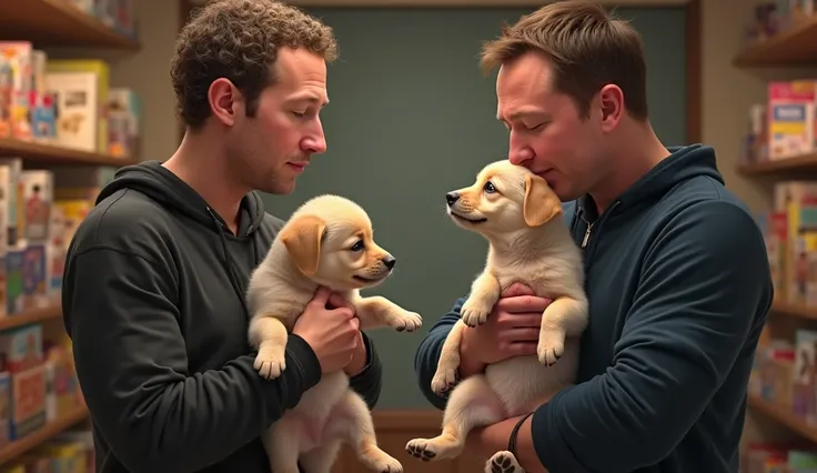 mark zuckerberg and elon musk weeping while buying puppys