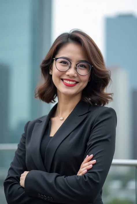 Super thicc 25 year old Korean, corporate photo, eyeglasses, slightly shorter curly hair, news anchor, buildings in the background, big happy smile, makeup, lipstick 