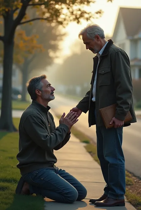  Give me the image of two men from the suburbs, one praying for the other  