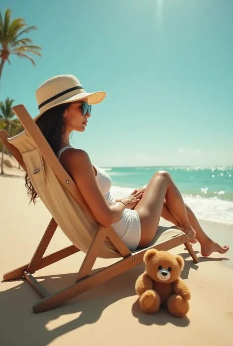 (masterpeace,   High quality,  High resolution little bear,   realistic photo ,  photograph),  Woman lying on a beach chair,  seen from the ground