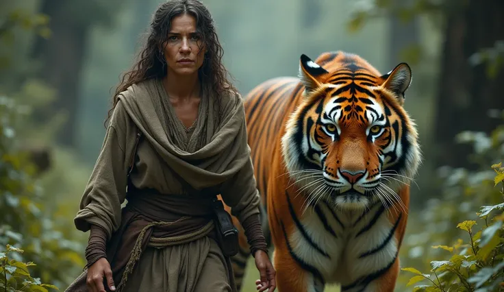 A woman wearing shabby clothes walks with a tiger